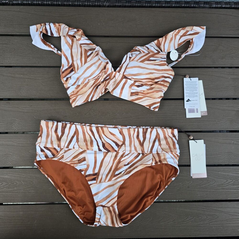 CALIA Women Patchwork Ruffle Bikini Top  (S)  & Matching Boyshort (M) New
